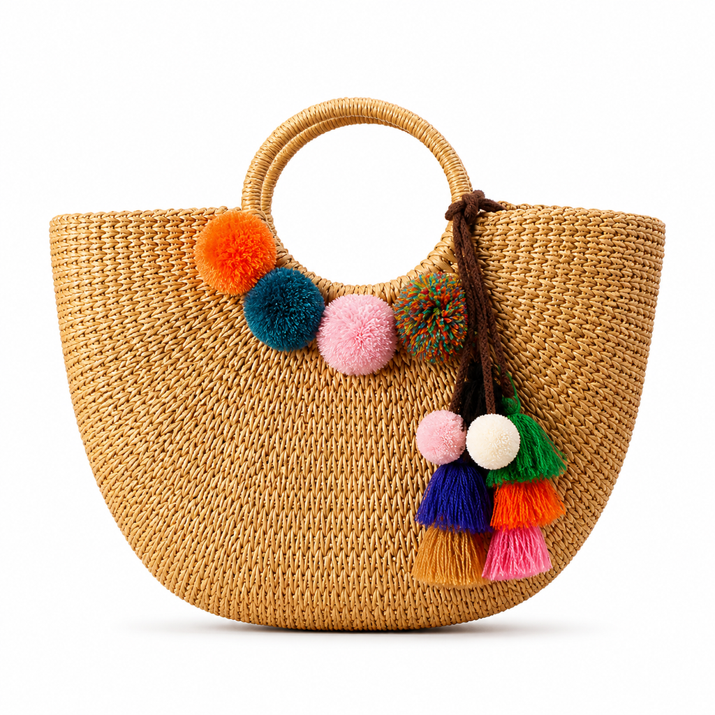 TasselBeach™ — Sac de Plage Tressé Pompons Colorés Summerfix